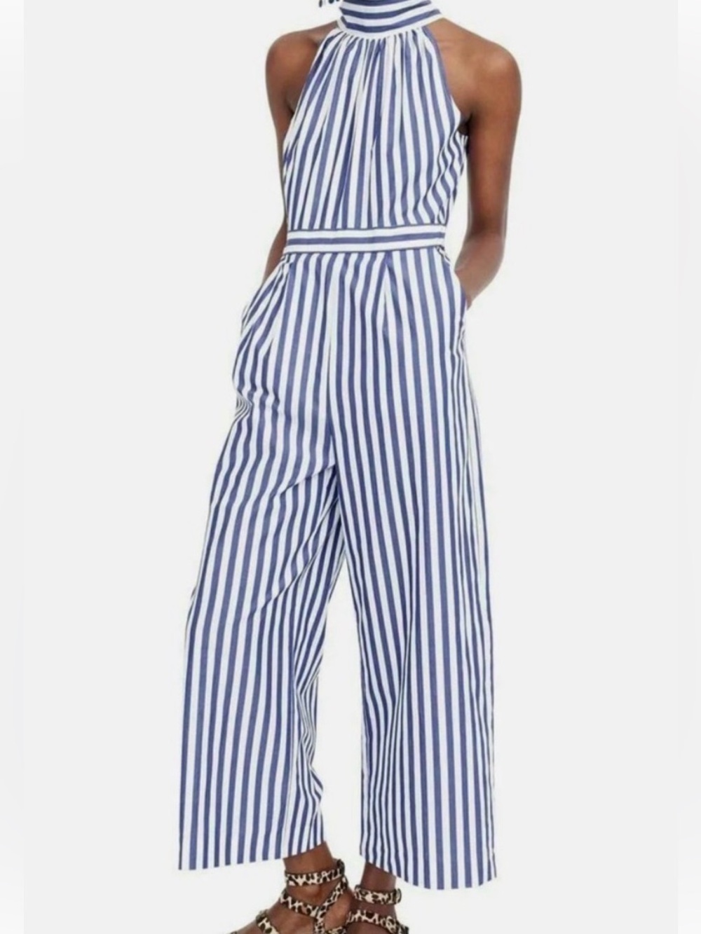 Striped Navy and White Halter One-Piece Jumpsuit